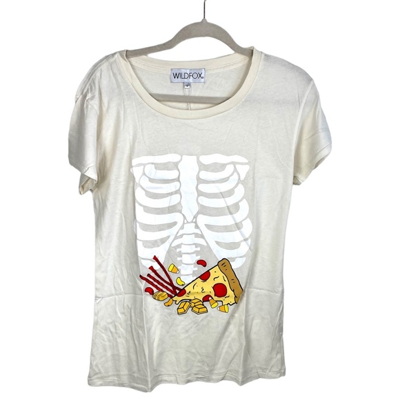 NWT Wildfox Pizza Full Stomach Skeleton Graphic T Shirt tee short sleeve Beige S - Picture 2 of 7